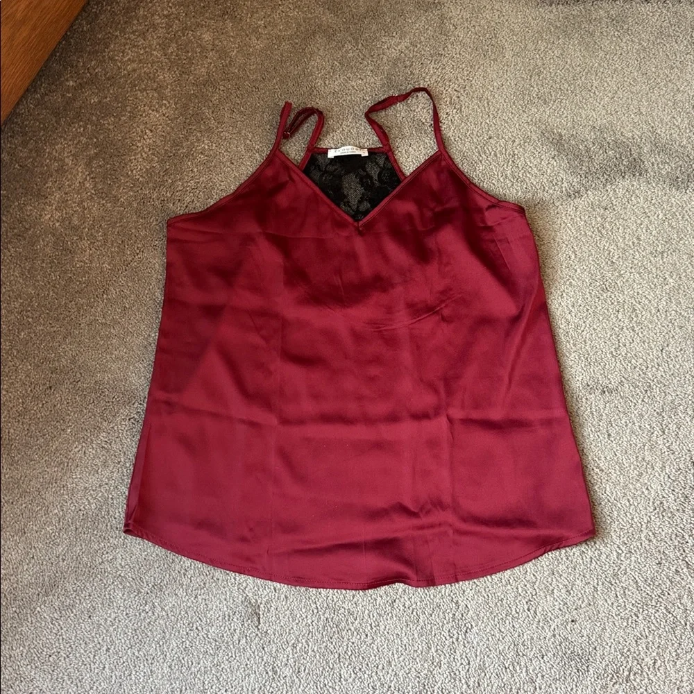 Ekouaer Maroon Satin Black Lace Trim Cami Shorts Pajama Sleep Set SIZE M